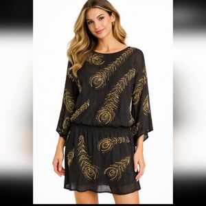 BoYod Black Hand Beaded Peacock Feather Dress S Boho Semi Sheer